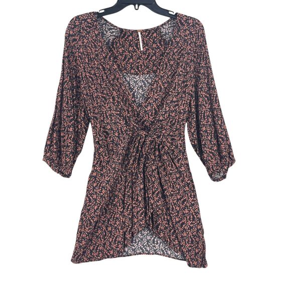 Free People Womens Dress Size S Floral Pockets Short Mini Peasant Sleeve Black - Picture 1 of 16